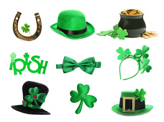Set with traditional items for St. Patrick's Day celebration on white background
