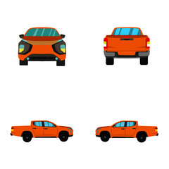 set of orange double cab pickup truck on white background