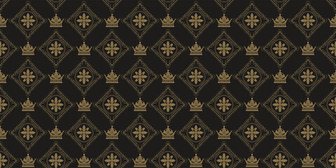 Royal background pattern. Ornament with gold elements on a black background. Seamless wallpaper texture. Vector illustration