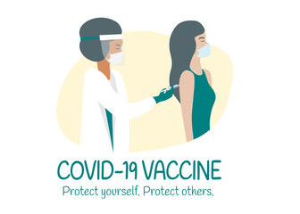 Covid19 vaccination message. Protect yourself, protect others, get vaccinated. Woman getting vaccinated against the coronavirus