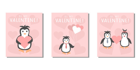 Cute valentines day card with penguin couple being in love. Pink and white lovely cards