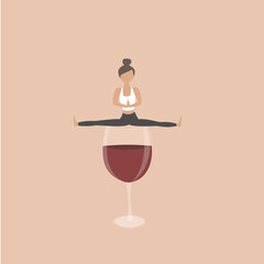 FIT woman doing yoga with wine glass. Healthy, balances lifestyle with exercise and alcohol. Love for wine.