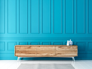 Wooden tv Cabinet console mockup near turquoise wall, 3d rendering