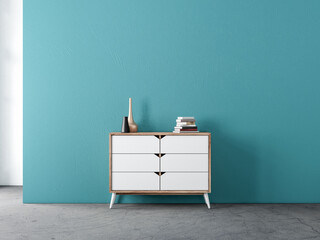 Modern white wooden commode mockup in empty living room with blue wall