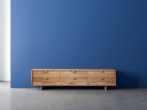Wooden Tv Console Bureau Mockup In Empty Living Room With Blue Wall