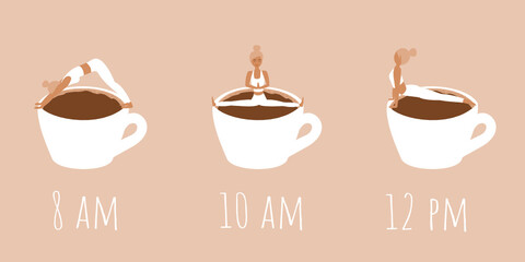 Morning coffee. Caffeine addiction. Women doing yoga on a cup of coffee. Morning routine