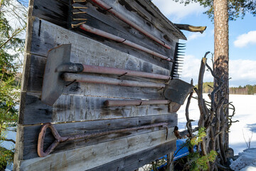 old fire shield with tools