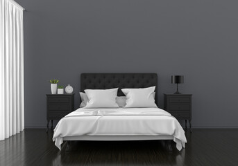 Black bedroom interior for mockup, 3D rendering