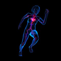 Fototapeta na wymiar Human anatomy, x-ray look at the cardiovascular system of a human body, the heart is in focus, female, running position, 3d illustration