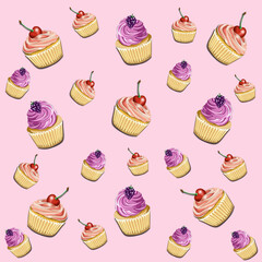 On a pink background, a pattern with the image of desserts cupcakes with a delicious cream of cherries and blueberries-berries in cream 