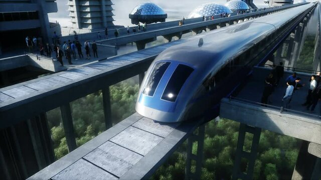 futuristic train station with monorail and train. traffic of people, crowd. Concrete architecture. Future concept. Realistic 4k animation.