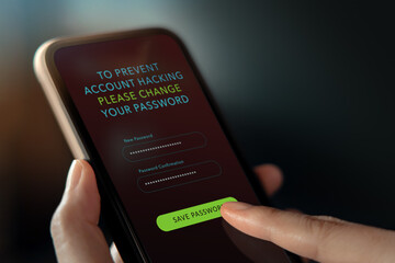 Cyber Security Concept. Woman Using Mobile Phone to Change Old to New Secure Password. Closeup and selective focus