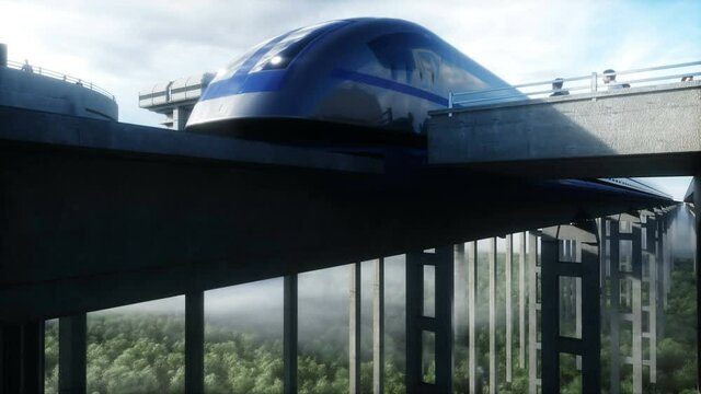 futuristic train station with monorail and train. traffic of people, crowd. Concrete architecture. Future concept. Realistic 4k animation.