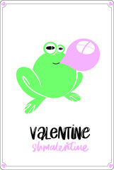 frog chews gum, blows bubbles. Comic valentine's day card. Congratulations text. Valentin shmalentin