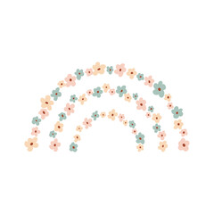 Cute rainbow with flowers in pastel colors isolated on white background for kids. Illustration in hand drawn style for posters, prints, cards, fabric, children's books. Vector