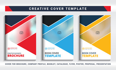 Cover design for annual report, business catalogue, brochure, company profile, book cover, magazine, flyer, presentation, booklet, poster, blue, yellow, red colour. Brochure template layout. Book Cove