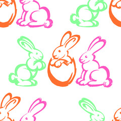 Vector seamless pattern : easter multicolor rabbits and eaggs. Cute cartoon design with  happy spring holiday mood for textile, wallpaper, wrapping paper, notebook cover.