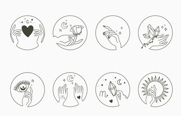 Beauty occult collection with hand,geometric,crystal,moon,flower,star.Vector illustration for icon,sticker,printable and tattoo