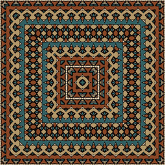 Creative trendy color abstract geometric pattern in beige brown blue. Square ornament for scarves or pillows, for printing on fabric or paper. Frame.