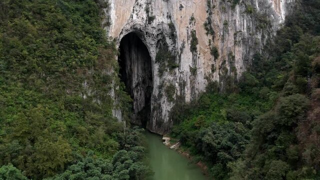 Amazing karst mountain cave arch formation in China, Great Arch of Getu, aerial