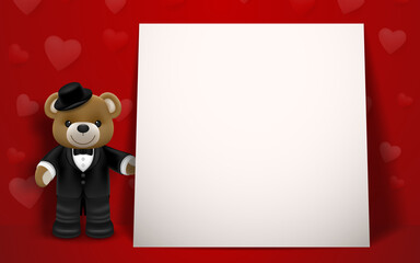Realistic little cute smiling bear doll wear tuxedo character holding a gift box and standing next to white frame on red background. Valentine's day and love concept vector illustration design.