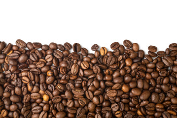 Roasted Coffee Beans background texture, isolated on white background frame on the bottom with copy space for text on the top, macro detailed photo.