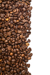 Roasted Coffee Beans background texture, isolated on white background frame on the left with copy space for text on the right, macro detailed photo.