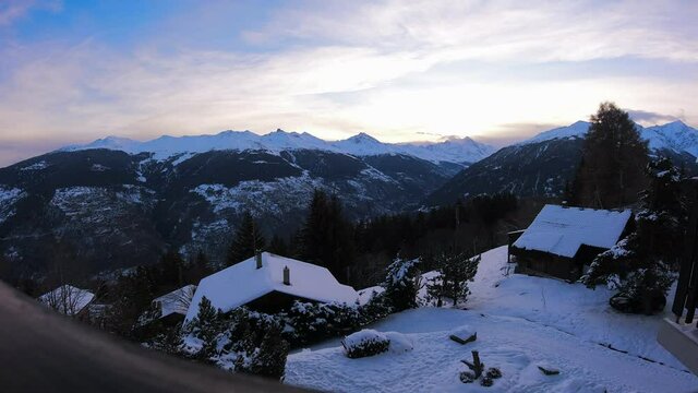 Breathtaking sunrise in winter in les Collons Thyon 2000 Wallis Switzerland Europe