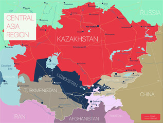 Central Asia region detailed editable map with regions cities and towns, roads and railways. Vector EPS-10 file © olinchuk