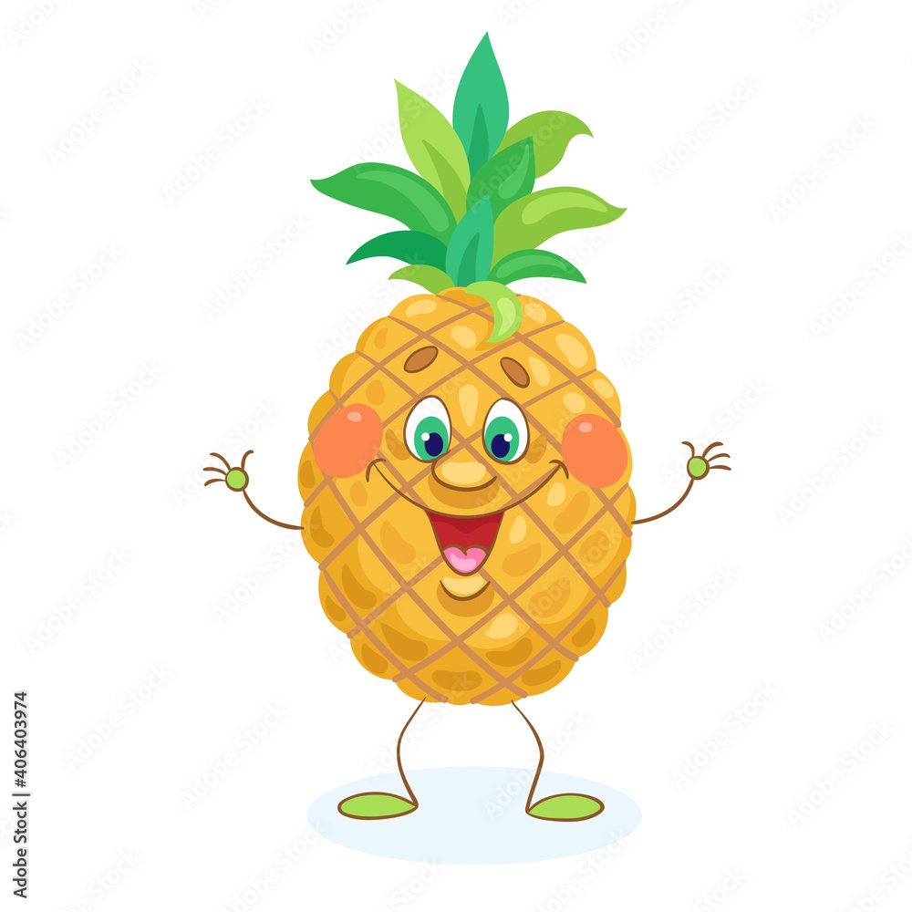 Wall mural Funny pineapple. In cartoon style. Isolated on white background. Vector flat illustration.