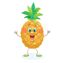 Funny pineapple. In cartoon style. Isolated on white background. Vector flat illustration.