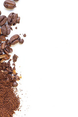 Whole roasted coffee beans transition to a grounded coffee on a white isolated background, area for text to copy space.