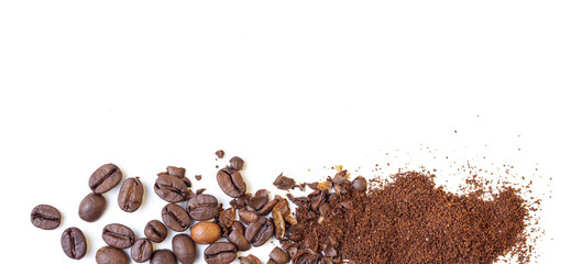 Whole roasted coffee beans transition to a grounded coffee on a white isolated background, area for text to copy space.