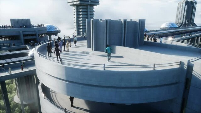 futuristic train station with monorail and train. traffic of people, crowd. Concrete architecture. Future concept. Realistic 4k animation.