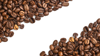 Roasted Coffee Beans background texture, isolated on white background frame on the corners with copy space for text on the middle, macro detailed photo.
