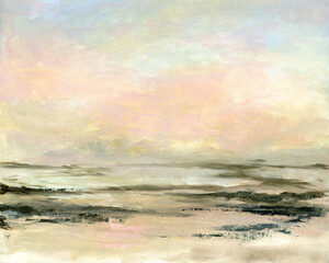Sunset sea painting of calm hazy ocean beach, hand drawn Landscape . - 406404309