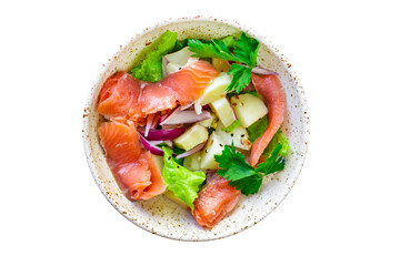 salmon salad vegetables lettuce, potato, seafood ready to eat on the table for healthy meal snack outdoor top view copy space for text food background image rustic keto or paleo diet pescetarian