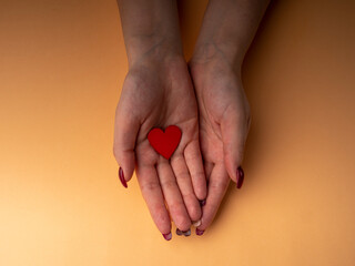 Stylish female manicure. Young female hands hold one red heart