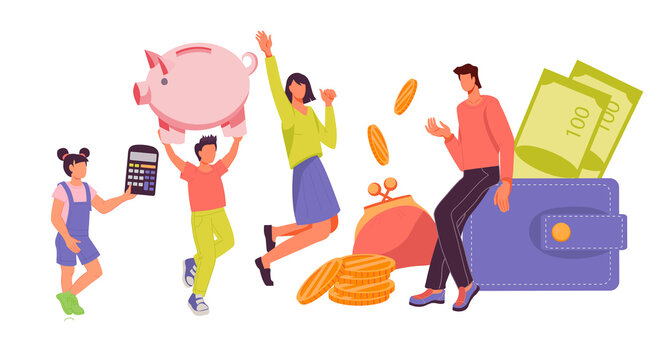 Family with children saving money in Piggy bank. Family budget and finance, income and expenses planning. Money economy and lending, flat vector illustration isolated on white.