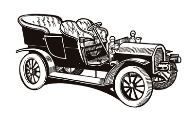 Open antique tonneau car in three-quarter side view. Illustration after an engraving from the early 20th century