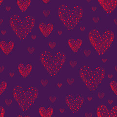 Red heart  dots seamless pattern isolated on purple. Love fashion illustration.Valentines day background. Hearts background for fabric, textile, wrapping.