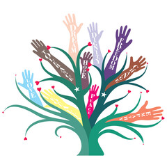 An abstract illustration of a happy colorful giving tree on a white isolated background 
