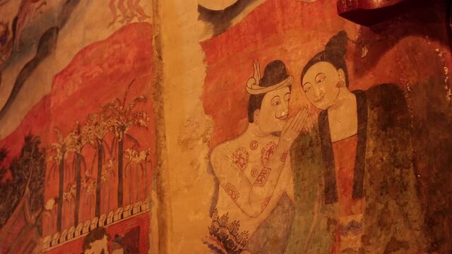 Famous and Historic Art Wall Painting Of PuuManYaaMan In Wat Phumin, Nan Province, Thailand. Well-known as "Kra Sib Ruk Bun Lue Lok" Painting