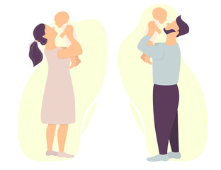 Fototapeta na wymiar Vector set of happy parents. A man and a woman are holding a newborn baby. Vector. flat illustration for design, decoration, print and postcards