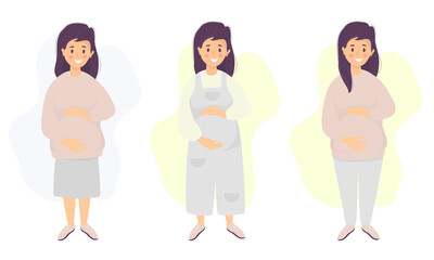 Motherhood. Vector set Happy pregnant woman tenderly hugs her belly with hands in different clothes for pregnant women - jumpsuit, skirt, trousers Vector illustration. Fflat illustration Future mom