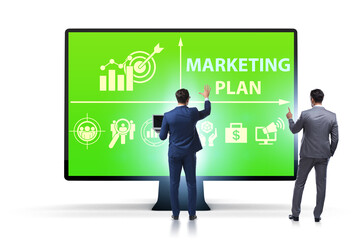 Marketing concept illustration with businessman pressing button