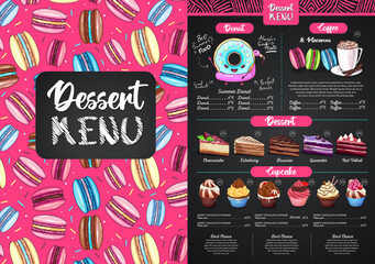 Chalk drawing dessert menu design with sweet french macaroons and cakes