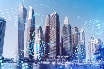 Skyscrapers of Dubai business downtown. International hub of trading and financial services....