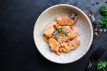 salmon canned fish seafood ready to eat on the table for healthy meal snack outdoor top view copy space for text food background image rustic diet pescetarian