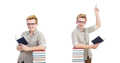 Funny student with stack of books